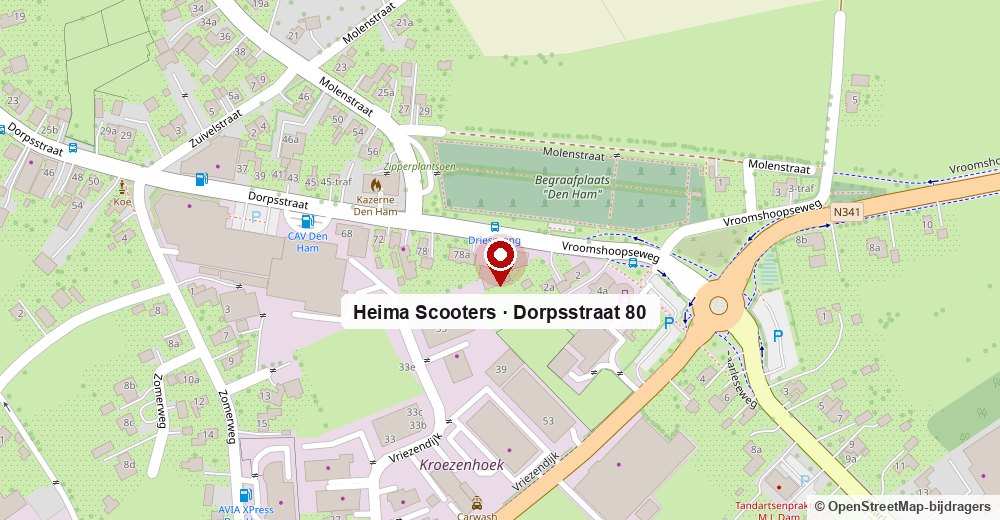 Kaart met de locatie van Heima Scooters aan de Dorpsstraat 80 in Den Ham